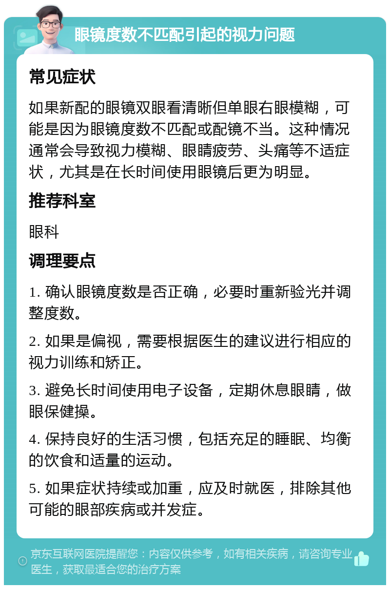 眼镜度数不匹配引起的视力问题 常见症状 如果新配的眼镜双眼看清晰但单眼右眼模糊，可能是因为眼镜度数不匹配或配镜不当。这种情况通常会导致视力模糊、眼睛疲劳、头痛等不适症状，尤其是在长时间使用眼镜后更为明显。 推荐科室 眼科 调理要点 1. 确认眼镜度数是否正确，必要时重新验光并调整度数。 2. 如果是偏视，需要根据医生的建议进行相应的视力训练和矫正。 3. 避免长时间使用电子设备，定期休息眼睛，做眼保健操。 4. 保持良好的生活习惯，包括充足的睡眠、均衡的饮食和适量的运动。 5. 如果症状持续或加重，应及时就医，排除其他可能的眼部疾病或并发症。