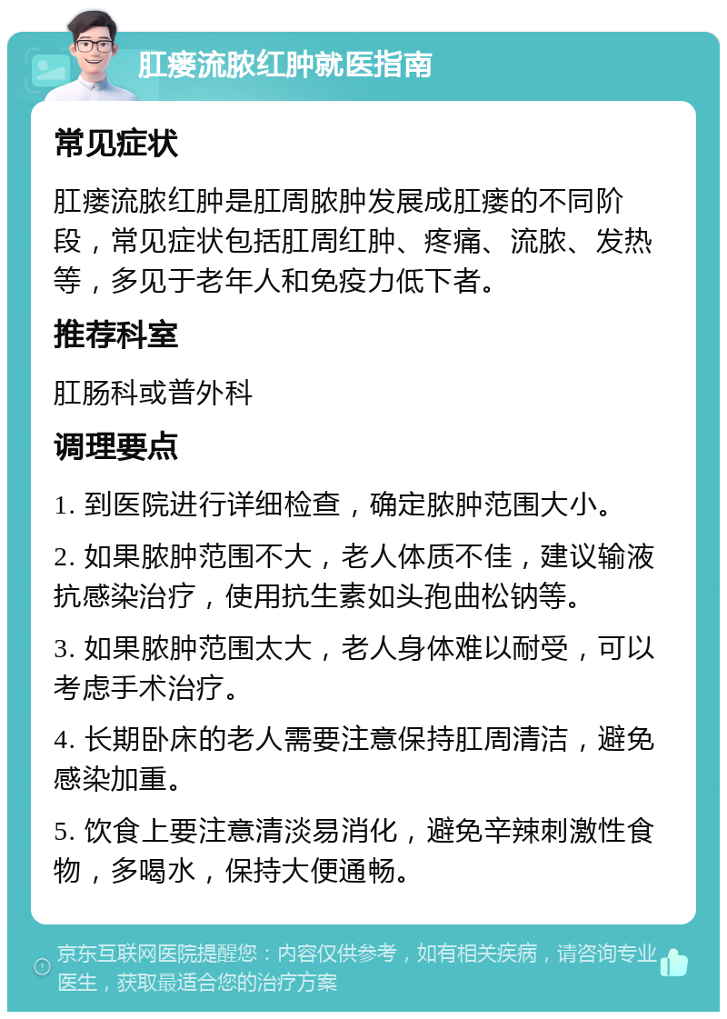 肛瘘流脓红肿就医指南 常见症状 肛瘘流脓红肿是肛周脓肿发展成肛瘘的不同阶段，常见症状包括肛周红肿、疼痛、流脓、发热等，多见于老年人和免疫力低下者。 推荐科室 肛肠科或普外科 调理要点 1. 到医院进行详细检查，确定脓肿范围大小。 2. 如果脓肿范围不大，老人体质不佳，建议输液抗感染治疗，使用抗生素如头孢曲松钠等。 3. 如果脓肿范围太大，老人身体难以耐受，可以考虑手术治疗。 4. 长期卧床的老人需要注意保持肛周清洁，避免感染加重。 5. 饮食上要注意清淡易消化，避免辛辣刺激性食物，多喝水，保持大便通畅。