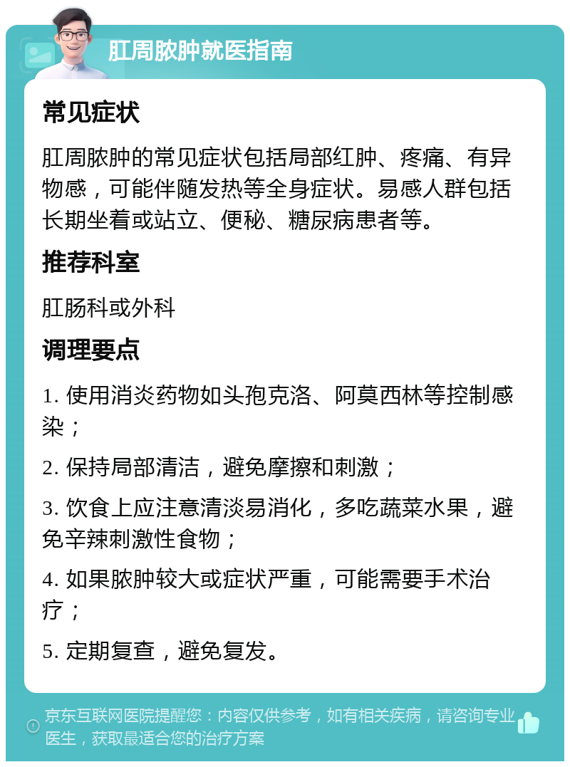 肛周脓肿就医指南 常见症状 肛周脓肿的常见症状包括局部红肿、疼痛、有异物感，可能伴随发热等全身症状。易感人群包括长期坐着或站立、便秘、糖尿病患者等。 推荐科室 肛肠科或外科 调理要点 1. 使用消炎药物如头孢克洛、阿莫西林等控制感染； 2. 保持局部清洁，避免摩擦和刺激； 3. 饮食上应注意清淡易消化，多吃蔬菜水果，避免辛辣刺激性食物； 4. 如果脓肿较大或症状严重，可能需要手术治疗； 5. 定期复查，避免复发。