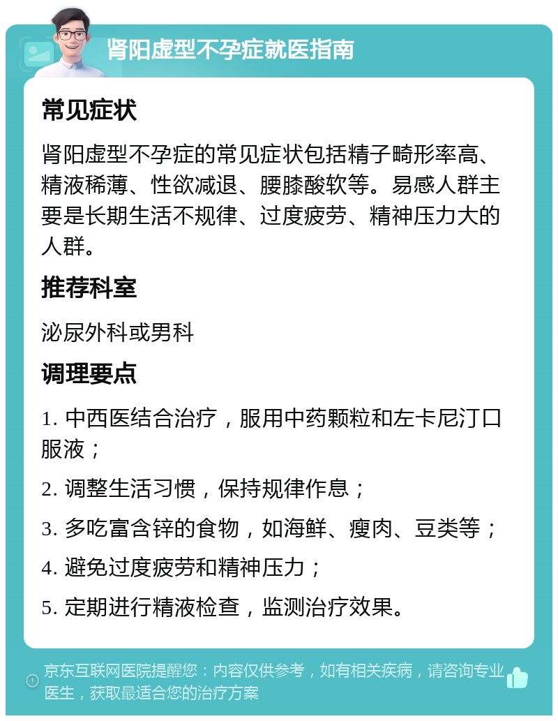 肾阳虚型不孕症就医指南 常见症状 肾阳虚型不孕症的常见症状包括精子畸形率高、精液稀薄、性欲减退、腰膝酸软等。易感人群主要是长期生活不规律、过度疲劳、精神压力大的人群。 推荐科室 泌尿外科或男科 调理要点 1. 中西医结合治疗，服用中药颗粒和左卡尼汀口服液； 2. 调整生活习惯，保持规律作息； 3. 多吃富含锌的食物，如海鲜、瘦肉、豆类等； 4. 避免过度疲劳和精神压力； 5. 定期进行精液检查，监测治疗效果。