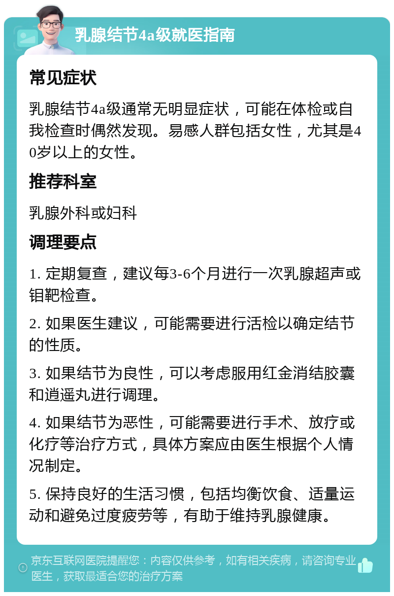 乳腺结节4a级就医指南 常见症状 乳腺结节4a级通常无明显症状，可能在体检或自我检查时偶然发现。易感人群包括女性，尤其是40岁以上的女性。 推荐科室 乳腺外科或妇科 调理要点 1. 定期复查，建议每3-6个月进行一次乳腺超声或钼靶检查。 2. 如果医生建议，可能需要进行活检以确定结节的性质。 3. 如果结节为良性，可以考虑服用红金消结胶囊和逍遥丸进行调理。 4. 如果结节为恶性，可能需要进行手术、放疗或化疗等治疗方式，具体方案应由医生根据个人情况制定。 5. 保持良好的生活习惯，包括均衡饮食、适量运动和避免过度疲劳等，有助于维持乳腺健康。