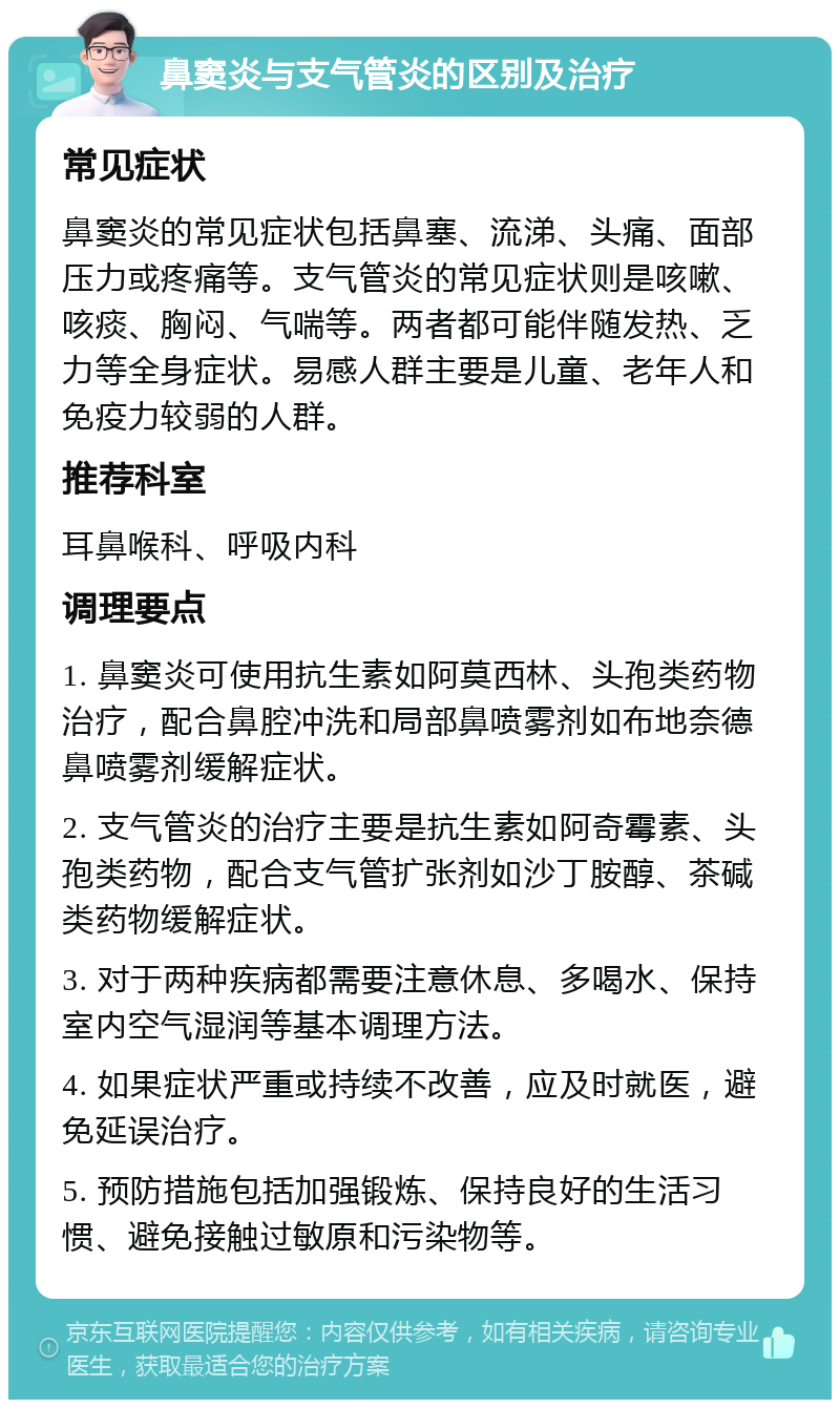 鼻窦炎与支气管炎的区别及治疗 常见症状 鼻窦炎的常见症状包括鼻塞、流涕、头痛、面部压力或疼痛等。支气管炎的常见症状则是咳嗽、咳痰、胸闷、气喘等。两者都可能伴随发热、乏力等全身症状。易感人群主要是儿童、老年人和免疫力较弱的人群。 推荐科室 耳鼻喉科、呼吸内科 调理要点 1. 鼻窦炎可使用抗生素如阿莫西林、头孢类药物治疗，配合鼻腔冲洗和局部鼻喷雾剂如布地奈德鼻喷雾剂缓解症状。 2. 支气管炎的治疗主要是抗生素如阿奇霉素、头孢类药物，配合支气管扩张剂如沙丁胺醇、茶碱类药物缓解症状。 3. 对于两种疾病都需要注意休息、多喝水、保持室内空气湿润等基本调理方法。 4. 如果症状严重或持续不改善，应及时就医，避免延误治疗。 5. 预防措施包括加强锻炼、保持良好的生活习惯、避免接触过敏原和污染物等。