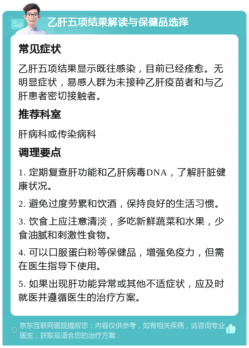 乙肝五项结果解读与保健品选择 常见症状 乙肝五项结果显示既往感染，目前已经痊愈。无明显症状，易感人群为未接种乙肝疫苗者和与乙肝患者密切接触者。 推荐科室 肝病科或传染病科 调理要点 1. 定期复查肝功能和乙肝病毒DNA，了解肝脏健康状况。 2. 避免过度劳累和饮酒，保持良好的生活习惯。 3. 饮食上应注意清淡，多吃新鲜蔬菜和水果，少食油腻和刺激性食物。 4. 可以口服蛋白粉等保健品，增强免疫力，但需在医生指导下使用。 5. 如果出现肝功能异常或其他不适症状，应及时就医并遵循医生的治疗方案。