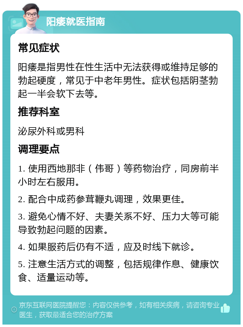 阳痿就医指南 常见症状 阳痿是指男性在性生活中无法获得或维持足够的勃起硬度，常见于中老年男性。症状包括阴茎勃起一半会软下去等。 推荐科室 泌尿外科或男科 调理要点 1. 使用西地那非（伟哥）等药物治疗，同房前半小时左右服用。 2. 配合中成药参茸鞭丸调理，效果更佳。 3. 避免心情不好、夫妻关系不好、压力大等可能导致勃起问题的因素。 4. 如果服药后仍有不适，应及时线下就诊。 5. 注意生活方式的调整，包括规律作息、健康饮食、适量运动等。