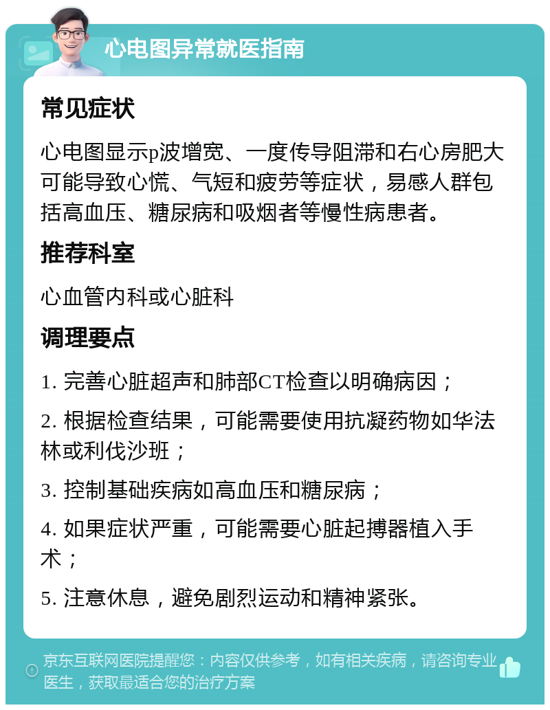 心电图异常就医指南 常见症状 心电图显示p波增宽、一度传导阻滞和右心房肥大可能导致心慌、气短和疲劳等症状，易感人群包括高血压、糖尿病和吸烟者等慢性病患者。 推荐科室 心血管内科或心脏科 调理要点 1. 完善心脏超声和肺部CT检查以明确病因； 2. 根据检查结果，可能需要使用抗凝药物如华法林或利伐沙班； 3. 控制基础疾病如高血压和糖尿病； 4. 如果症状严重，可能需要心脏起搏器植入手术； 5. 注意休息，避免剧烈运动和精神紧张。