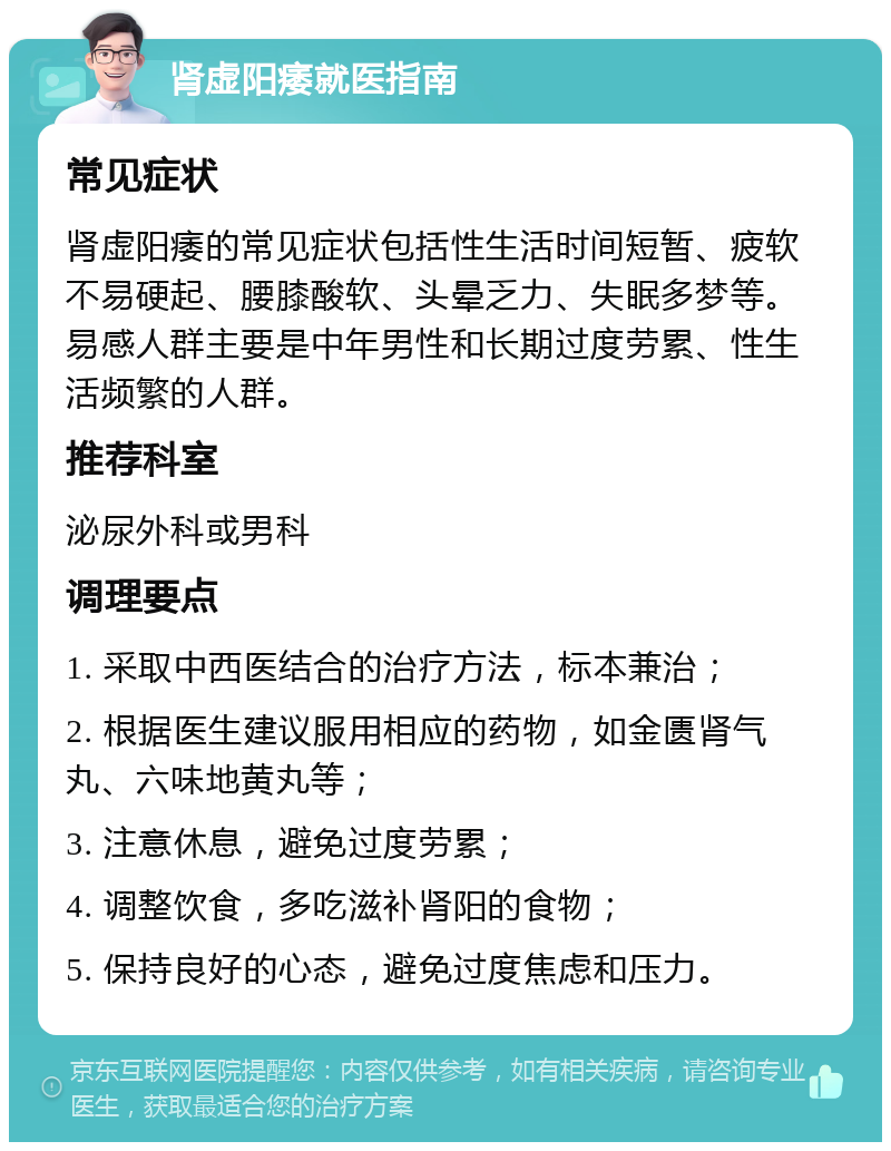 肾虚阳痿就医指南 常见症状 肾虚阳痿的常见症状包括性生活时间短暂、疲软不易硬起、腰膝酸软、头晕乏力、失眠多梦等。易感人群主要是中年男性和长期过度劳累、性生活频繁的人群。 推荐科室 泌尿外科或男科 调理要点 1. 采取中西医结合的治疗方法，标本兼治； 2. 根据医生建议服用相应的药物，如金匮肾气丸、六味地黄丸等； 3. 注意休息，避免过度劳累； 4. 调整饮食，多吃滋补肾阳的食物； 5. 保持良好的心态，避免过度焦虑和压力。