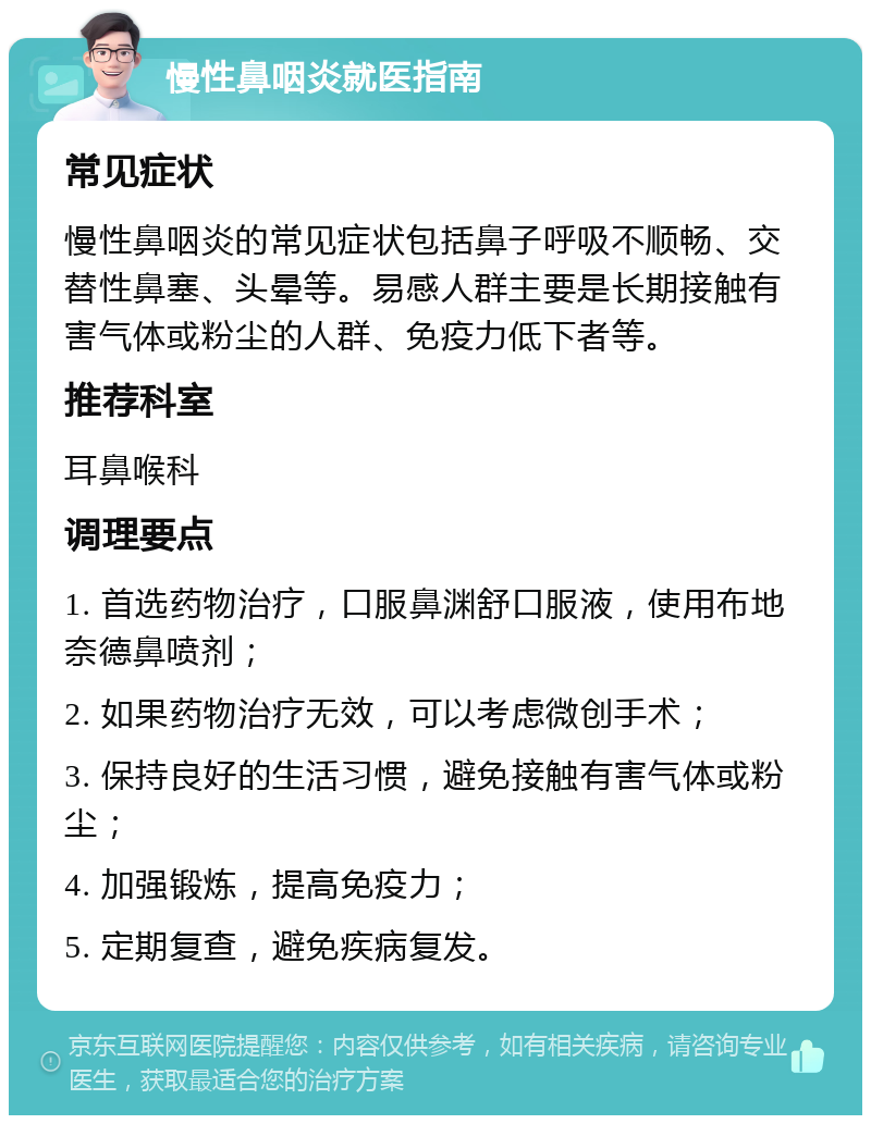 慢性鼻咽炎就医指南 常见症状 慢性鼻咽炎的常见症状包括鼻子呼吸不顺畅、交替性鼻塞、头晕等。易感人群主要是长期接触有害气体或粉尘的人群、免疫力低下者等。 推荐科室 耳鼻喉科 调理要点 1. 首选药物治疗，口服鼻渊舒口服液，使用布地奈德鼻喷剂； 2. 如果药物治疗无效，可以考虑微创手术； 3. 保持良好的生活习惯，避免接触有害气体或粉尘； 4. 加强锻炼，提高免疫力； 5. 定期复查，避免疾病复发。