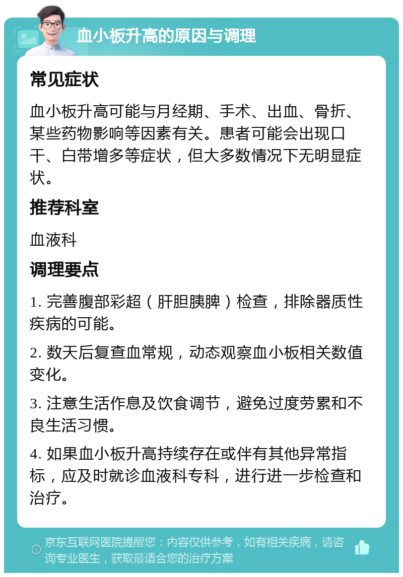 血小板升高的原因与调理 常见症状 血小板升高可能与月经期、手术、出血、骨折、某些药物影响等因素有关。患者可能会出现口干、白带增多等症状，但大多数情况下无明显症状。 推荐科室 血液科 调理要点 1. 完善腹部彩超（肝胆胰脾）检查，排除器质性疾病的可能。 2. 数天后复查血常规，动态观察血小板相关数值变化。 3. 注意生活作息及饮食调节，避免过度劳累和不良生活习惯。 4. 如果血小板升高持续存在或伴有其他异常指标，应及时就诊血液科专科，进行进一步检查和治疗。