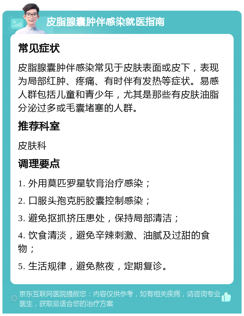 皮脂腺囊肿伴感染就医指南 常见症状 皮脂腺囊肿伴感染常见于皮肤表面或皮下，表现为局部红肿、疼痛、有时伴有发热等症状。易感人群包括儿童和青少年，尤其是那些有皮肤油脂分泌过多或毛囊堵塞的人群。 推荐科室 皮肤科 调理要点 1. 外用莫匹罗星软膏治疗感染； 2. 口服头孢克肟胶囊控制感染； 3. 避免抠抓挤压患处，保持局部清洁； 4. 饮食清淡，避免辛辣刺激、油腻及过甜的食物； 5. 生活规律，避免熬夜，定期复诊。