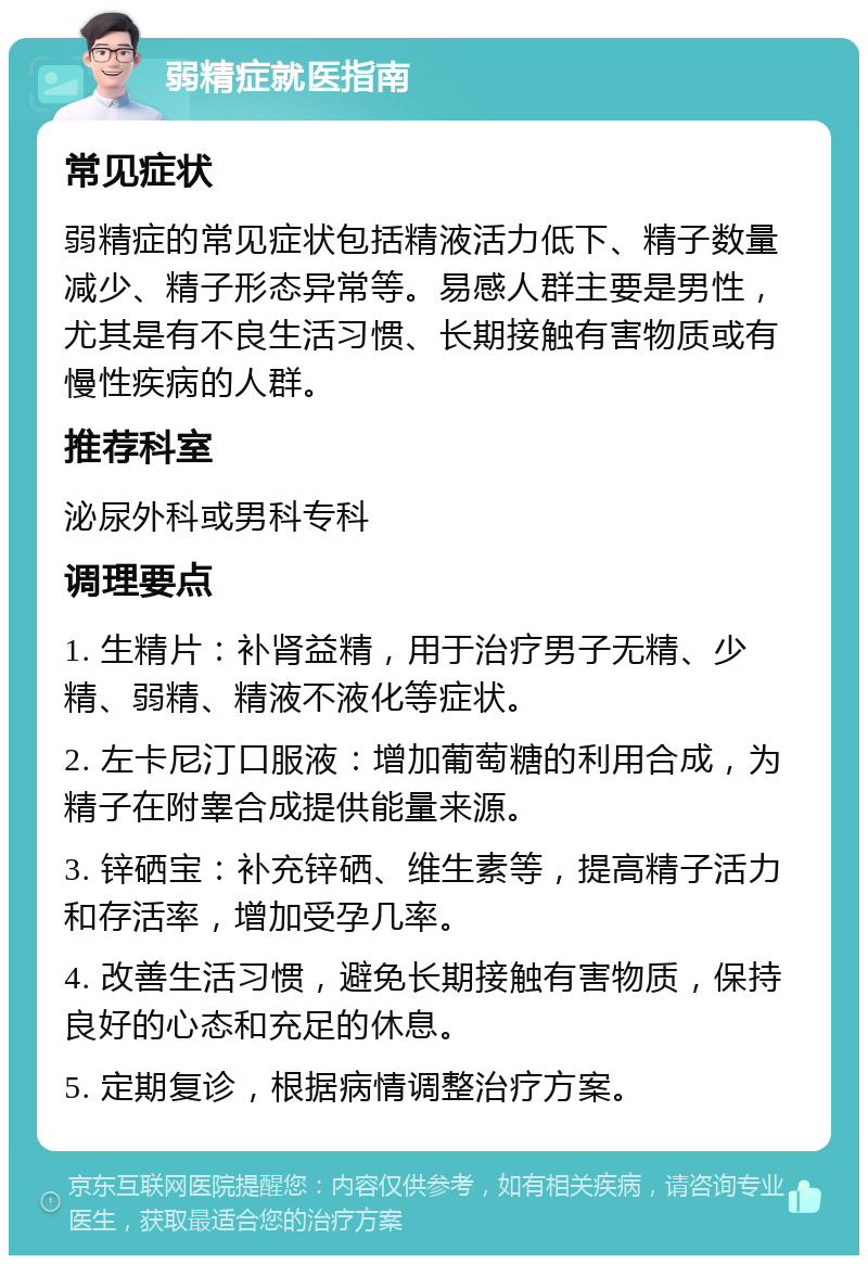 弱精症就医指南 常见症状 弱精症的常见症状包括精液活力低下、精子数量减少、精子形态异常等。易感人群主要是男性，尤其是有不良生活习惯、长期接触有害物质或有慢性疾病的人群。 推荐科室 泌尿外科或男科专科 调理要点 1. 生精片：补肾益精，用于治疗男子无精、少精、弱精、精液不液化等症状。 2. 左卡尼汀口服液：增加葡萄糖的利用合成，为精子在附睾合成提供能量来源。 3. 锌硒宝：补充锌硒、维生素等，提高精子活力和存活率，增加受孕几率。 4. 改善生活习惯，避免长期接触有害物质，保持良好的心态和充足的休息。 5. 定期复诊，根据病情调整治疗方案。