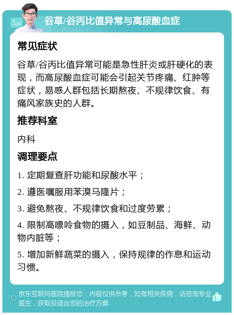 谷草/谷丙比值异常与高尿酸血症 常见症状 谷草/谷丙比值异常可能是急性肝炎或肝硬化的表现，而高尿酸血症可能会引起关节疼痛、红肿等症状，易感人群包括长期熬夜、不规律饮食、有痛风家族史的人群。 推荐科室 内科 调理要点 1. 定期复查肝功能和尿酸水平； 2. 遵医嘱服用苯溴马隆片； 3. 避免熬夜、不规律饮食和过度劳累； 4. 限制高嘌呤食物的摄入，如豆制品、海鲜、动物内脏等； 5. 增加新鲜蔬菜的摄入，保持规律的作息和运动习惯。