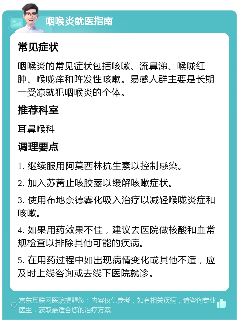 咽喉炎就医指南 常见症状 咽喉炎的常见症状包括咳嗽、流鼻涕、喉咙红肿、喉咙痒和阵发性咳嗽。易感人群主要是长期一受凉就犯咽喉炎的个体。 推荐科室 耳鼻喉科 调理要点 1. 继续服用阿莫西林抗生素以控制感染。 2. 加入苏黄止咳胶囊以缓解咳嗽症状。 3. 使用布地奈德雾化吸入治疗以减轻喉咙炎症和咳嗽。 4. 如果用药效果不佳，建议去医院做核酸和血常规检查以排除其他可能的疾病。 5. 在用药过程中如出现病情变化或其他不适，应及时上线咨询或去线下医院就诊。