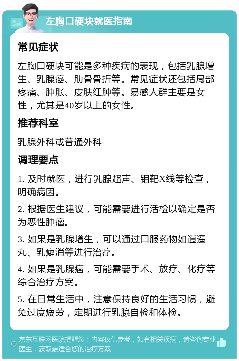 左胸口硬块就医指南 常见症状 左胸口硬块可能是多种疾病的表现，包括乳腺增生、乳腺癌、肋骨骨折等。常见症状还包括局部疼痛、肿胀、皮肤红肿等。易感人群主要是女性，尤其是40岁以上的女性。 推荐科室 乳腺外科或普通外科 调理要点 1. 及时就医，进行乳腺超声、钼靶X线等检查，明确病因。 2. 根据医生建议，可能需要进行活检以确定是否为恶性肿瘤。 3. 如果是乳腺增生，可以通过口服药物如逍遥丸、乳癖消等进行治疗。 4. 如果是乳腺癌，可能需要手术、放疗、化疗等综合治疗方案。 5. 在日常生活中，注意保持良好的生活习惯，避免过度疲劳，定期进行乳腺自检和体检。