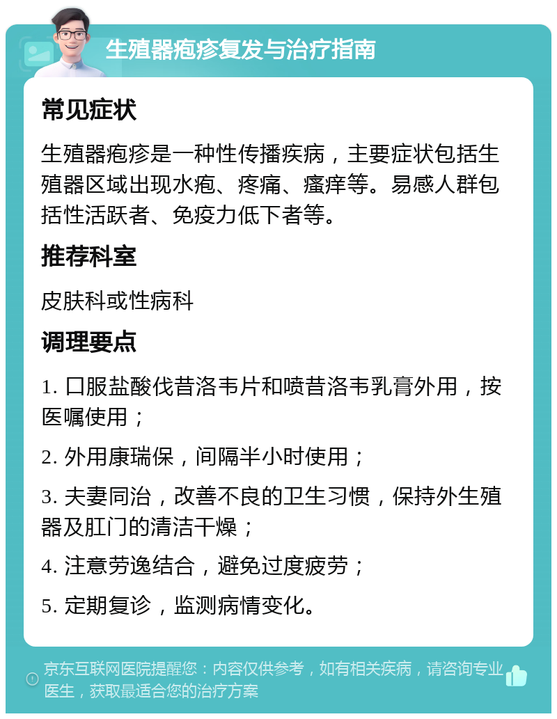 生殖器疱疹复发与治疗指南 常见症状 生殖器疱疹是一种性传播疾病，主要症状包括生殖器区域出现水疱、疼痛、瘙痒等。易感人群包括性活跃者、免疫力低下者等。 推荐科室 皮肤科或性病科 调理要点 1. 口服盐酸伐昔洛韦片和喷昔洛韦乳膏外用，按医嘱使用； 2. 外用康瑞保，间隔半小时使用； 3. 夫妻同治，改善不良的卫生习惯，保持外生殖器及肛门的清洁干燥； 4. 注意劳逸结合，避免过度疲劳； 5. 定期复诊，监测病情变化。