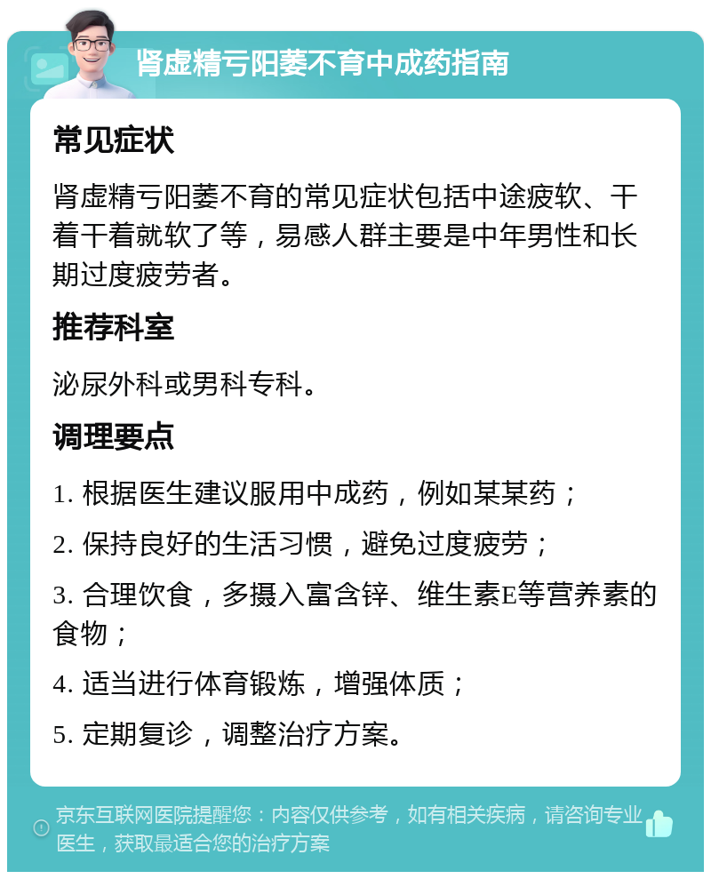 肾虚精亏阳萎不育中成药指南 常见症状 肾虚精亏阳萎不育的常见症状包括中途疲软、干着干着就软了等，易感人群主要是中年男性和长期过度疲劳者。 推荐科室 泌尿外科或男科专科。 调理要点 1. 根据医生建议服用中成药，例如某某药； 2. 保持良好的生活习惯，避免过度疲劳； 3. 合理饮食，多摄入富含锌、维生素E等营养素的食物； 4. 适当进行体育锻炼，增强体质； 5. 定期复诊，调整治疗方案。