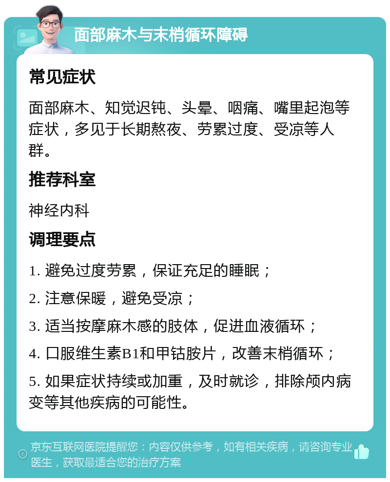 面部麻木与末梢循环障碍 常见症状 面部麻木、知觉迟钝、头晕、咽痛、嘴里起泡等症状，多见于长期熬夜、劳累过度、受凉等人群。 推荐科室 神经内科 调理要点 1. 避免过度劳累，保证充足的睡眠； 2. 注意保暖，避免受凉； 3. 适当按摩麻木感的肢体，促进血液循环； 4. 口服维生素B1和甲钴胺片，改善末梢循环； 5. 如果症状持续或加重，及时就诊，排除颅内病变等其他疾病的可能性。