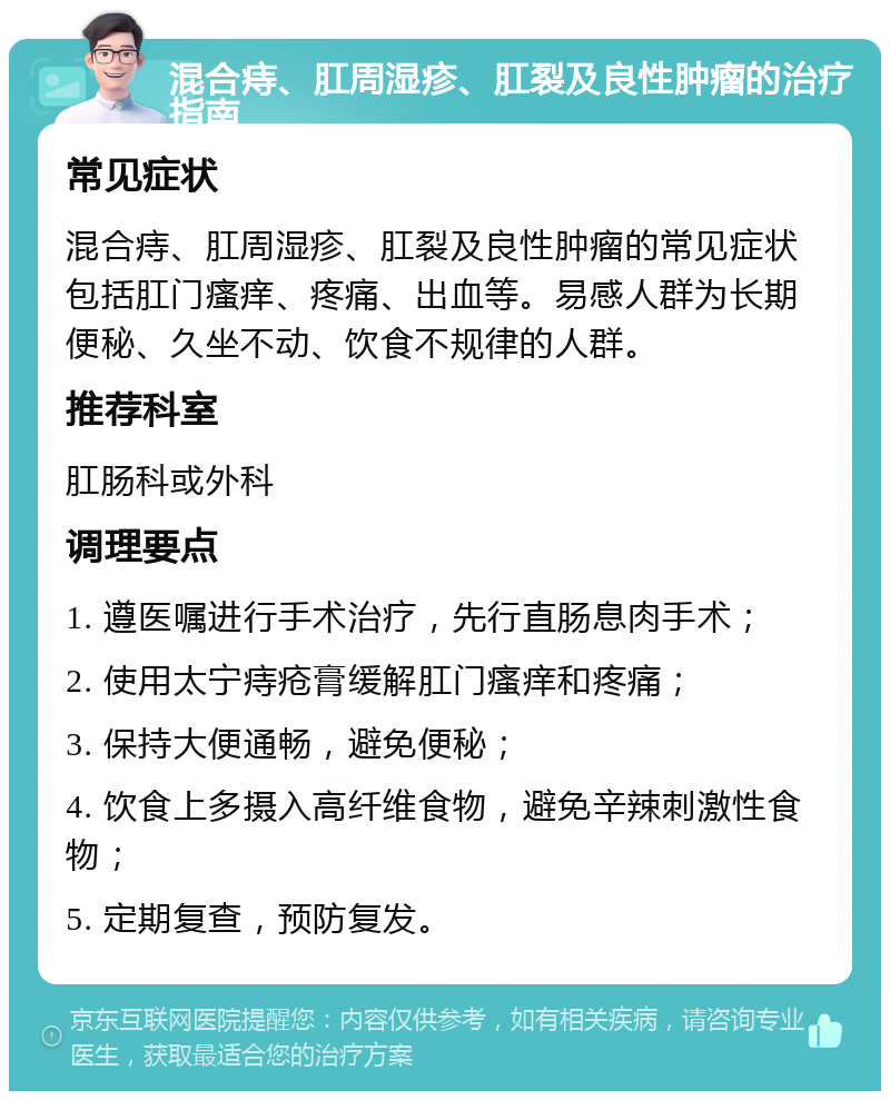 混合痔、肛周湿疹、肛裂及良性肿瘤的治疗指南 常见症状 混合痔、肛周湿疹、肛裂及良性肿瘤的常见症状包括肛门瘙痒、疼痛、出血等。易感人群为长期便秘、久坐不动、饮食不规律的人群。 推荐科室 肛肠科或外科 调理要点 1. 遵医嘱进行手术治疗，先行直肠息肉手术； 2. 使用太宁痔疮膏缓解肛门瘙痒和疼痛； 3. 保持大便通畅，避免便秘； 4. 饮食上多摄入高纤维食物，避免辛辣刺激性食物； 5. 定期复查，预防复发。