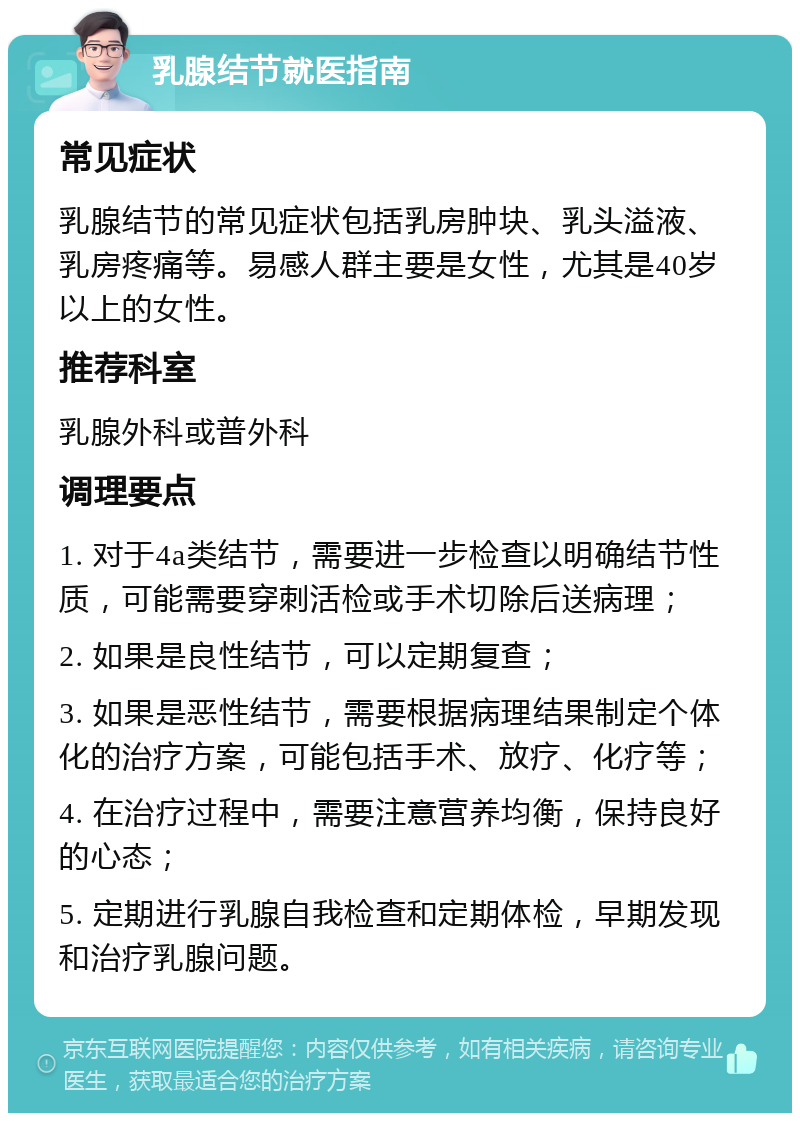 乳腺结节就医指南 常见症状 乳腺结节的常见症状包括乳房肿块、乳头溢液、乳房疼痛等。易感人群主要是女性，尤其是40岁以上的女性。 推荐科室 乳腺外科或普外科 调理要点 1. 对于4a类结节，需要进一步检查以明确结节性质，可能需要穿刺活检或手术切除后送病理； 2. 如果是良性结节，可以定期复查； 3. 如果是恶性结节，需要根据病理结果制定个体化的治疗方案，可能包括手术、放疗、化疗等； 4. 在治疗过程中，需要注意营养均衡，保持良好的心态； 5. 定期进行乳腺自我检查和定期体检，早期发现和治疗乳腺问题。