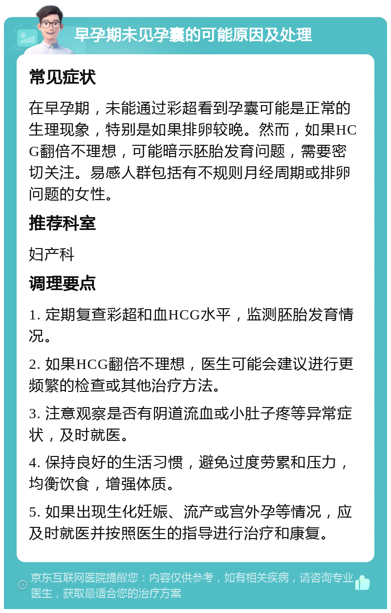 早孕期未见孕囊的可能原因及处理 常见症状 在早孕期，未能通过彩超看到孕囊可能是正常的生理现象，特别是如果排卵较晚。然而，如果HCG翻倍不理想，可能暗示胚胎发育问题，需要密切关注。易感人群包括有不规则月经周期或排卵问题的女性。 推荐科室 妇产科 调理要点 1. 定期复查彩超和血HCG水平，监测胚胎发育情况。 2. 如果HCG翻倍不理想，医生可能会建议进行更频繁的检查或其他治疗方法。 3. 注意观察是否有阴道流血或小肚子疼等异常症状，及时就医。 4. 保持良好的生活习惯，避免过度劳累和压力，均衡饮食，增强体质。 5. 如果出现生化妊娠、流产或宫外孕等情况，应及时就医并按照医生的指导进行治疗和康复。