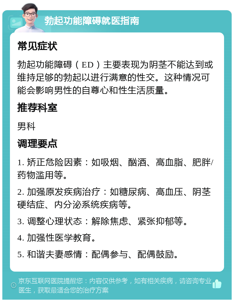 勃起功能障碍就医指南 常见症状 勃起功能障碍（ED）主要表现为阴茎不能达到或维持足够的勃起以进行满意的性交。这种情况可能会影响男性的自尊心和性生活质量。 推荐科室 男科 调理要点 1. 矫正危险因素：如吸烟、酗酒、高血脂、肥胖/药物滥用等。 2. 加强原发疾病治疗：如糖尿病、高血压、阴茎硬结症、内分泌系统疾病等。 3. 调整心理状态：解除焦虑、紧张抑郁等。 4. 加强性医学教育。 5. 和谐夫妻感情：配偶参与、配偶鼓励。