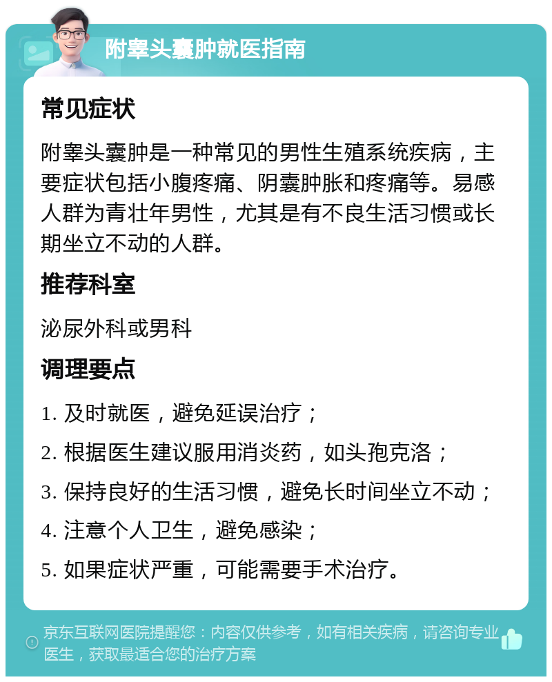 附睾头囊肿就医指南 常见症状 附睾头囊肿是一种常见的男性生殖系统疾病，主要症状包括小腹疼痛、阴囊肿胀和疼痛等。易感人群为青壮年男性，尤其是有不良生活习惯或长期坐立不动的人群。 推荐科室 泌尿外科或男科 调理要点 1. 及时就医，避免延误治疗； 2. 根据医生建议服用消炎药，如头孢克洛； 3. 保持良好的生活习惯，避免长时间坐立不动； 4. 注意个人卫生，避免感染； 5. 如果症状严重，可能需要手术治疗。