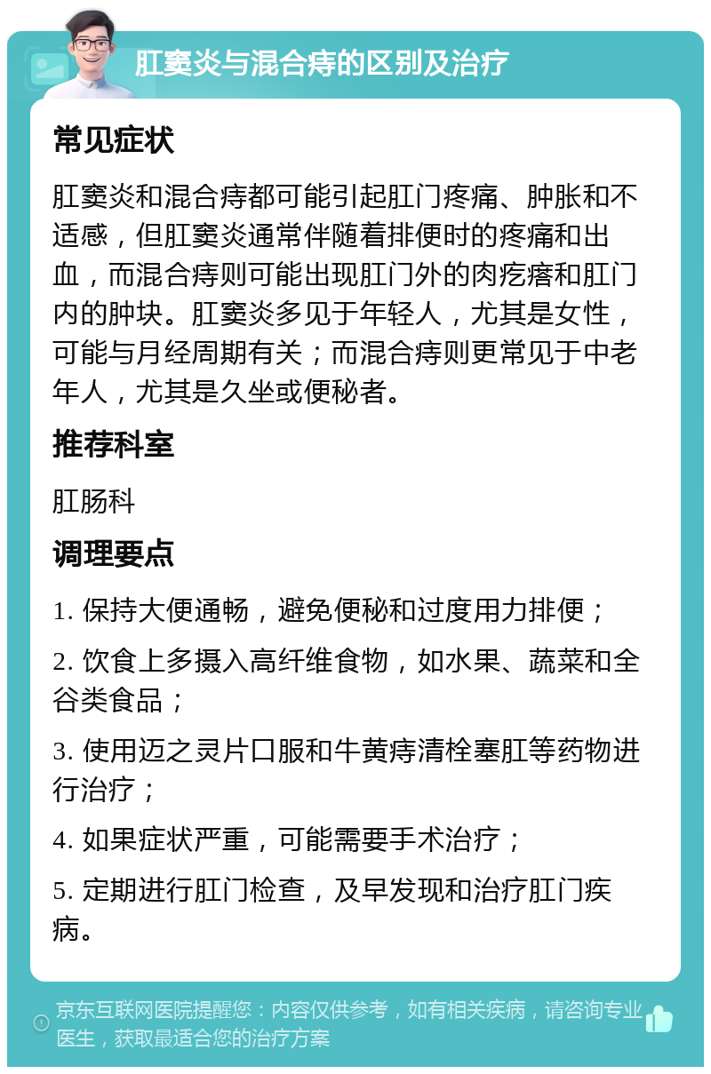 肛窦炎与混合痔的区别及治疗 常见症状 肛窦炎和混合痔都可能引起肛门疼痛、肿胀和不适感，但肛窦炎通常伴随着排便时的疼痛和出血，而混合痔则可能出现肛门外的肉疙瘩和肛门内的肿块。肛窦炎多见于年轻人，尤其是女性，可能与月经周期有关；而混合痔则更常见于中老年人，尤其是久坐或便秘者。 推荐科室 肛肠科 调理要点 1. 保持大便通畅，避免便秘和过度用力排便； 2. 饮食上多摄入高纤维食物，如水果、蔬菜和全谷类食品； 3. 使用迈之灵片口服和牛黄痔清栓塞肛等药物进行治疗； 4. 如果症状严重，可能需要手术治疗； 5. 定期进行肛门检查，及早发现和治疗肛门疾病。