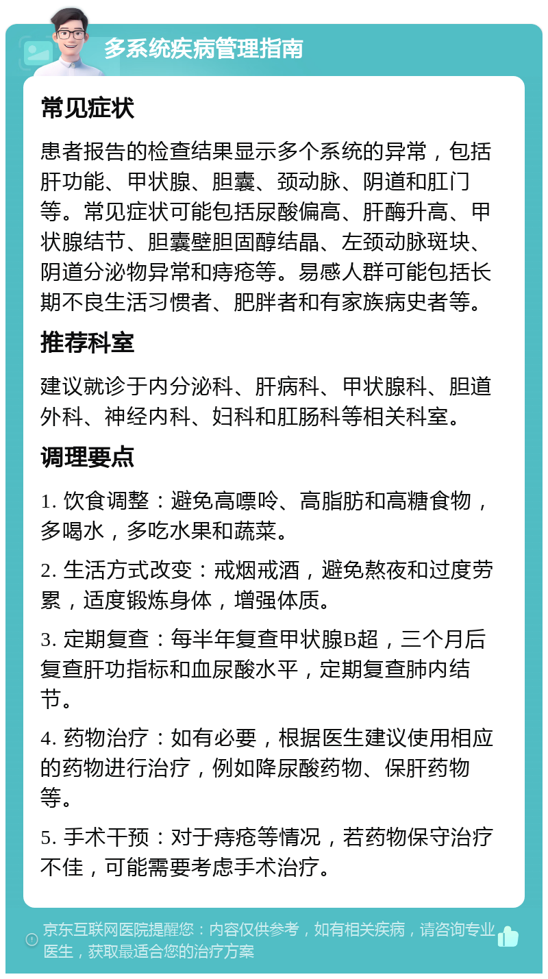 多系统疾病管理指南 常见症状 患者报告的检查结果显示多个系统的异常，包括肝功能、甲状腺、胆囊、颈动脉、阴道和肛门等。常见症状可能包括尿酸偏高、肝酶升高、甲状腺结节、胆囊壁胆固醇结晶、左颈动脉斑块、阴道分泌物异常和痔疮等。易感人群可能包括长期不良生活习惯者、肥胖者和有家族病史者等。 推荐科室 建议就诊于内分泌科、肝病科、甲状腺科、胆道外科、神经内科、妇科和肛肠科等相关科室。 调理要点 1. 饮食调整：避免高嘌呤、高脂肪和高糖食物，多喝水，多吃水果和蔬菜。 2. 生活方式改变：戒烟戒酒，避免熬夜和过度劳累，适度锻炼身体，增强体质。 3. 定期复查：每半年复查甲状腺B超，三个月后复查肝功指标和血尿酸水平，定期复查肺内结节。 4. 药物治疗：如有必要，根据医生建议使用相应的药物进行治疗，例如降尿酸药物、保肝药物等。 5. 手术干预：对于痔疮等情况，若药物保守治疗不佳，可能需要考虑手术治疗。