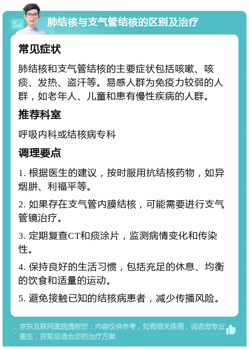 肺结核与支气管结核的区别及治疗 常见症状 肺结核和支气管结核的主要症状包括咳嗽、咳痰、发热、盗汗等。易感人群为免疫力较弱的人群，如老年人、儿童和患有慢性疾病的人群。 推荐科室 呼吸内科或结核病专科 调理要点 1. 根据医生的建议，按时服用抗结核药物，如异烟肼、利福平等。 2. 如果存在支气管内膜结核，可能需要进行支气管镜治疗。 3. 定期复查CT和痰涂片，监测病情变化和传染性。 4. 保持良好的生活习惯，包括充足的休息、均衡的饮食和适量的运动。 5. 避免接触已知的结核病患者，减少传播风险。