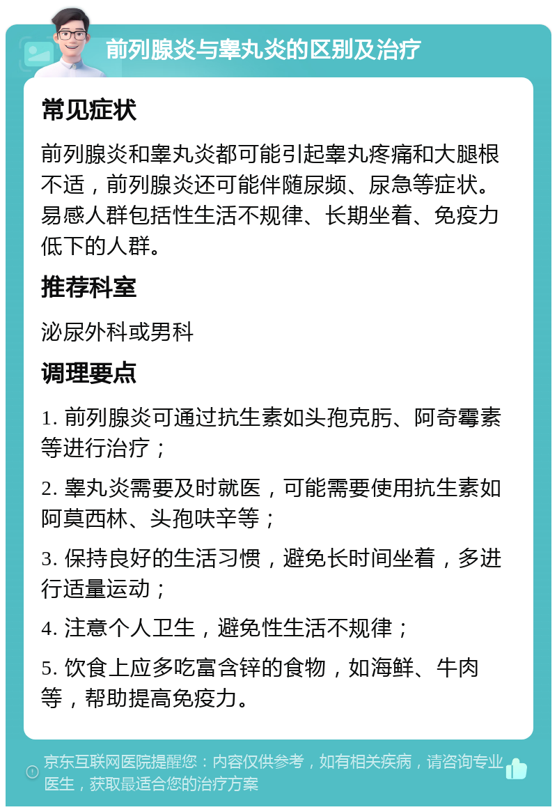 前列腺炎与睾丸炎的区别及治疗 常见症状 前列腺炎和睾丸炎都可能引起睾丸疼痛和大腿根不适，前列腺炎还可能伴随尿频、尿急等症状。易感人群包括性生活不规律、长期坐着、免疫力低下的人群。 推荐科室 泌尿外科或男科 调理要点 1. 前列腺炎可通过抗生素如头孢克肟、阿奇霉素等进行治疗； 2. 睾丸炎需要及时就医，可能需要使用抗生素如阿莫西林、头孢呋辛等； 3. 保持良好的生活习惯，避免长时间坐着，多进行适量运动； 4. 注意个人卫生，避免性生活不规律； 5. 饮食上应多吃富含锌的食物，如海鲜、牛肉等，帮助提高免疫力。