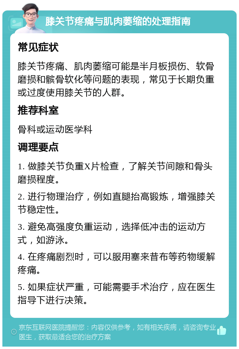 膝关节疼痛与肌肉萎缩的处理指南 常见症状 膝关节疼痛、肌肉萎缩可能是半月板损伤、软骨磨损和髌骨软化等问题的表现，常见于长期负重或过度使用膝关节的人群。 推荐科室 骨科或运动医学科 调理要点 1. 做膝关节负重X片检查，了解关节间隙和骨头磨损程度。 2. 进行物理治疗，例如直腿抬高锻炼，增强膝关节稳定性。 3. 避免高强度负重运动，选择低冲击的运动方式，如游泳。 4. 在疼痛剧烈时，可以服用塞来昔布等药物缓解疼痛。 5. 如果症状严重，可能需要手术治疗，应在医生指导下进行决策。