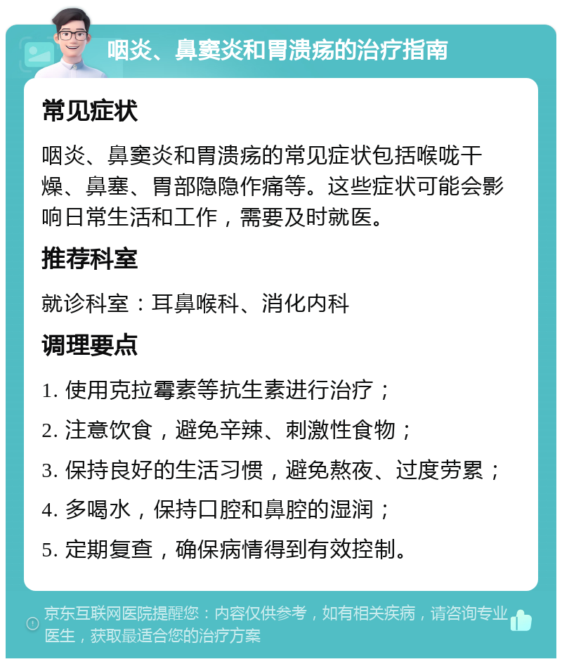 咽炎、鼻窦炎和胃溃疡的治疗指南 常见症状 咽炎、鼻窦炎和胃溃疡的常见症状包括喉咙干燥、鼻塞、胃部隐隐作痛等。这些症状可能会影响日常生活和工作，需要及时就医。 推荐科室 就诊科室：耳鼻喉科、消化内科 调理要点 1. 使用克拉霉素等抗生素进行治疗； 2. 注意饮食，避免辛辣、刺激性食物； 3. 保持良好的生活习惯，避免熬夜、过度劳累； 4. 多喝水，保持口腔和鼻腔的湿润； 5. 定期复查，确保病情得到有效控制。