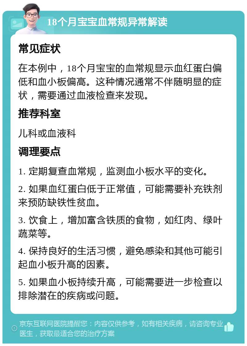 18个月宝宝血常规异常解读 常见症状 在本例中，18个月宝宝的血常规显示血红蛋白偏低和血小板偏高。这种情况通常不伴随明显的症状，需要通过血液检查来发现。 推荐科室 儿科或血液科 调理要点 1. 定期复查血常规，监测血小板水平的变化。 2. 如果血红蛋白低于正常值，可能需要补充铁剂来预防缺铁性贫血。 3. 饮食上，增加富含铁质的食物，如红肉、绿叶蔬菜等。 4. 保持良好的生活习惯，避免感染和其他可能引起血小板升高的因素。 5. 如果血小板持续升高，可能需要进一步检查以排除潜在的疾病或问题。