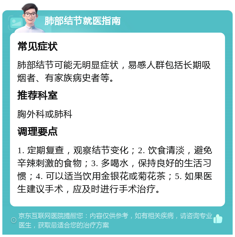 肺部结节就医指南 常见症状 肺部结节可能无明显症状，易感人群包括长期吸烟者、有家族病史者等。 推荐科室 胸外科或肺科 调理要点 1. 定期复查，观察结节变化；2. 饮食清淡，避免辛辣刺激的食物；3. 多喝水，保持良好的生活习惯；4. 可以适当饮用金银花或菊花茶；5. 如果医生建议手术，应及时进行手术治疗。