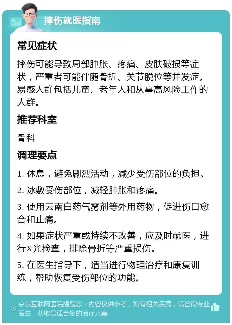 摔伤就医指南 常见症状 摔伤可能导致局部肿胀、疼痛、皮肤破损等症状，严重者可能伴随骨折、关节脱位等并发症。易感人群包括儿童、老年人和从事高风险工作的人群。 推荐科室 骨科 调理要点 1. 休息，避免剧烈活动，减少受伤部位的负担。 2. 冰敷受伤部位，减轻肿胀和疼痛。 3. 使用云南白药气雾剂等外用药物，促进伤口愈合和止痛。 4. 如果症状严重或持续不改善，应及时就医，进行X光检查，排除骨折等严重损伤。 5. 在医生指导下，适当进行物理治疗和康复训练，帮助恢复受伤部位的功能。