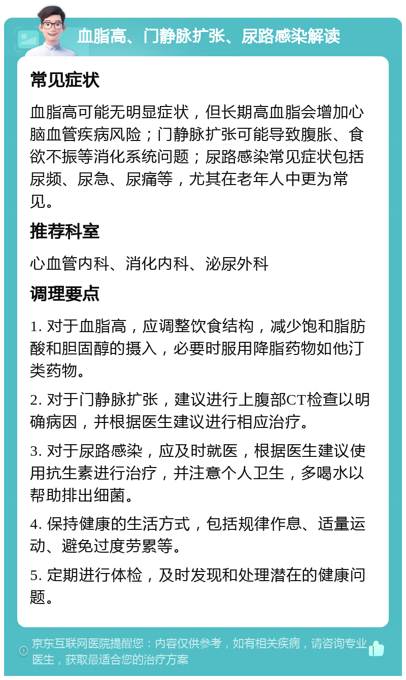 血脂高、门静脉扩张、尿路感染解读 常见症状 血脂高可能无明显症状，但长期高血脂会增加心脑血管疾病风险；门静脉扩张可能导致腹胀、食欲不振等消化系统问题；尿路感染常见症状包括尿频、尿急、尿痛等，尤其在老年人中更为常见。 推荐科室 心血管内科、消化内科、泌尿外科 调理要点 1. 对于血脂高，应调整饮食结构，减少饱和脂肪酸和胆固醇的摄入，必要时服用降脂药物如他汀类药物。 2. 对于门静脉扩张，建议进行上腹部CT检查以明确病因，并根据医生建议进行相应治疗。 3. 对于尿路感染，应及时就医，根据医生建议使用抗生素进行治疗，并注意个人卫生，多喝水以帮助排出细菌。 4. 保持健康的生活方式，包括规律作息、适量运动、避免过度劳累等。 5. 定期进行体检，及时发现和处理潜在的健康问题。