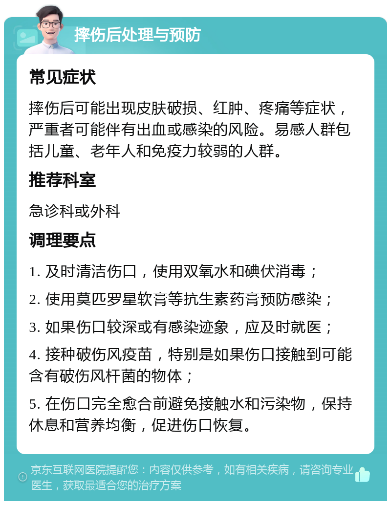 摔伤后处理与预防 常见症状 摔伤后可能出现皮肤破损、红肿、疼痛等症状，严重者可能伴有出血或感染的风险。易感人群包括儿童、老年人和免疫力较弱的人群。 推荐科室 急诊科或外科 调理要点 1. 及时清洁伤口，使用双氧水和碘伏消毒； 2. 使用莫匹罗星软膏等抗生素药膏预防感染； 3. 如果伤口较深或有感染迹象，应及时就医； 4. 接种破伤风疫苗，特别是如果伤口接触到可能含有破伤风杆菌的物体； 5. 在伤口完全愈合前避免接触水和污染物，保持休息和营养均衡，促进伤口恢复。