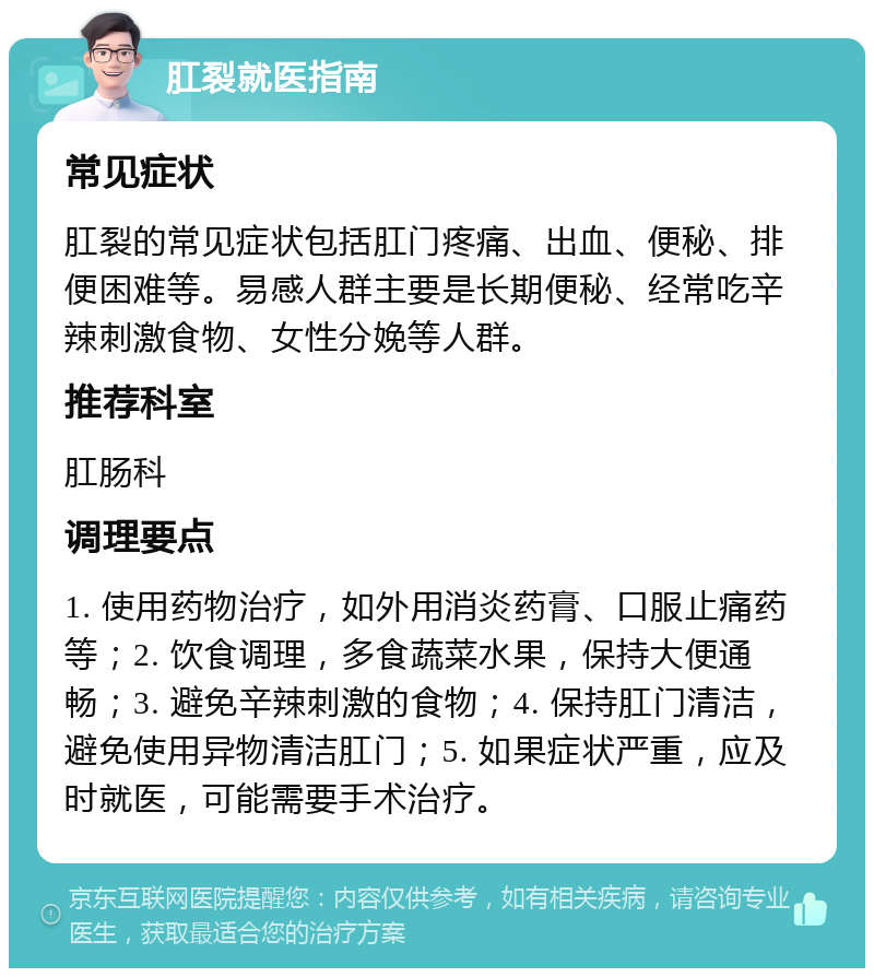 肛裂就医指南 常见症状 肛裂的常见症状包括肛门疼痛、出血、便秘、排便困难等。易感人群主要是长期便秘、经常吃辛辣刺激食物、女性分娩等人群。 推荐科室 肛肠科 调理要点 1. 使用药物治疗，如外用消炎药膏、口服止痛药等；2. 饮食调理，多食蔬菜水果，保持大便通畅；3. 避免辛辣刺激的食物；4. 保持肛门清洁，避免使用异物清洁肛门；5. 如果症状严重，应及时就医，可能需要手术治疗。