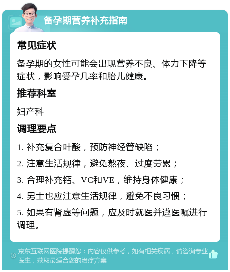 备孕期营养补充指南 常见症状 备孕期的女性可能会出现营养不良、体力下降等症状，影响受孕几率和胎儿健康。 推荐科室 妇产科 调理要点 1. 补充复合叶酸，预防神经管缺陷； 2. 注意生活规律，避免熬夜、过度劳累； 3. 合理补充钙、VC和VE，维持身体健康； 4. 男士也应注意生活规律，避免不良习惯； 5. 如果有肾虚等问题，应及时就医并遵医嘱进行调理。