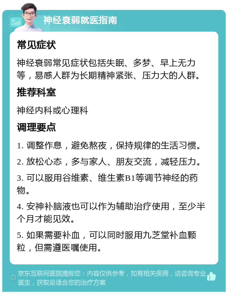 神经衰弱就医指南 常见症状 神经衰弱常见症状包括失眠、多梦、早上无力等，易感人群为长期精神紧张、压力大的人群。 推荐科室 神经内科或心理科 调理要点 1. 调整作息，避免熬夜，保持规律的生活习惯。 2. 放松心态，多与家人、朋友交流，减轻压力。 3. 可以服用谷维素、维生素B1等调节神经的药物。 4. 安神补脑液也可以作为辅助治疗使用，至少半个月才能见效。 5. 如果需要补血，可以同时服用九芝堂补血颗粒，但需遵医嘱使用。