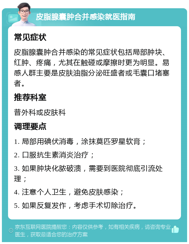 皮脂腺囊肿合并感染就医指南 常见症状 皮脂腺囊肿合并感染的常见症状包括局部肿块、红肿、疼痛，尤其在触碰或摩擦时更为明显。易感人群主要是皮肤油脂分泌旺盛者或毛囊口堵塞者。 推荐科室 普外科或皮肤科 调理要点 1. 局部用碘伏消毒，涂抹莫匹罗星软膏； 2. 口服抗生素消炎治疗； 3. 如果肿块化脓破溃，需要到医院彻底引流处理； 4. 注意个人卫生，避免皮肤感染； 5. 如果反复发作，考虑手术切除治疗。