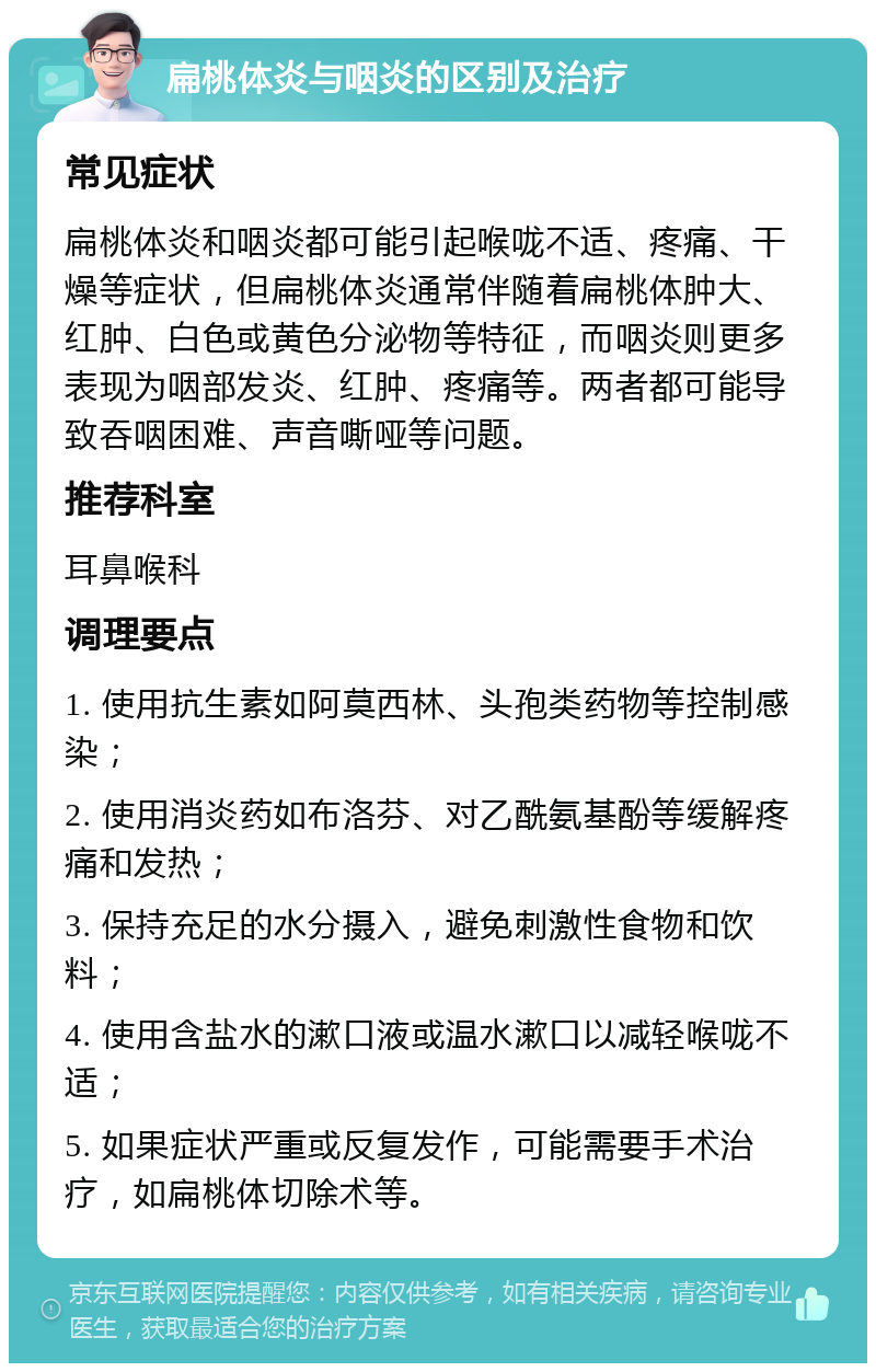 扁桃体炎与咽炎的区别及治疗 常见症状 扁桃体炎和咽炎都可能引起喉咙不适、疼痛、干燥等症状，但扁桃体炎通常伴随着扁桃体肿大、红肿、白色或黄色分泌物等特征，而咽炎则更多表现为咽部发炎、红肿、疼痛等。两者都可能导致吞咽困难、声音嘶哑等问题。 推荐科室 耳鼻喉科 调理要点 1. 使用抗生素如阿莫西林、头孢类药物等控制感染； 2. 使用消炎药如布洛芬、对乙酰氨基酚等缓解疼痛和发热； 3. 保持充足的水分摄入，避免刺激性食物和饮料； 4. 使用含盐水的漱口液或温水漱口以减轻喉咙不适； 5. 如果症状严重或反复发作，可能需要手术治疗，如扁桃体切除术等。