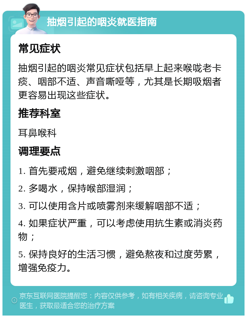 抽烟引起的咽炎就医指南 常见症状 抽烟引起的咽炎常见症状包括早上起来喉咙老卡痰、咽部不适、声音嘶哑等，尤其是长期吸烟者更容易出现这些症状。 推荐科室 耳鼻喉科 调理要点 1. 首先要戒烟，避免继续刺激咽部； 2. 多喝水，保持喉部湿润； 3. 可以使用含片或喷雾剂来缓解咽部不适； 4. 如果症状严重，可以考虑使用抗生素或消炎药物； 5. 保持良好的生活习惯，避免熬夜和过度劳累，增强免疫力。