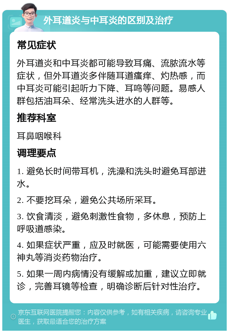 外耳道炎与中耳炎的区别及治疗 常见症状 外耳道炎和中耳炎都可能导致耳痛、流脓流水等症状，但外耳道炎多伴随耳道瘙痒、灼热感，而中耳炎可能引起听力下降、耳鸣等问题。易感人群包括油耳朵、经常洗头进水的人群等。 推荐科室 耳鼻咽喉科 调理要点 1. 避免长时间带耳机，洗澡和洗头时避免耳部进水。 2. 不要挖耳朵，避免公共场所采耳。 3. 饮食清淡，避免刺激性食物，多休息，预防上呼吸道感染。 4. 如果症状严重，应及时就医，可能需要使用六神丸等消炎药物治疗。 5. 如果一周内病情没有缓解或加重，建议立即就诊，完善耳镜等检查，明确诊断后针对性治疗。