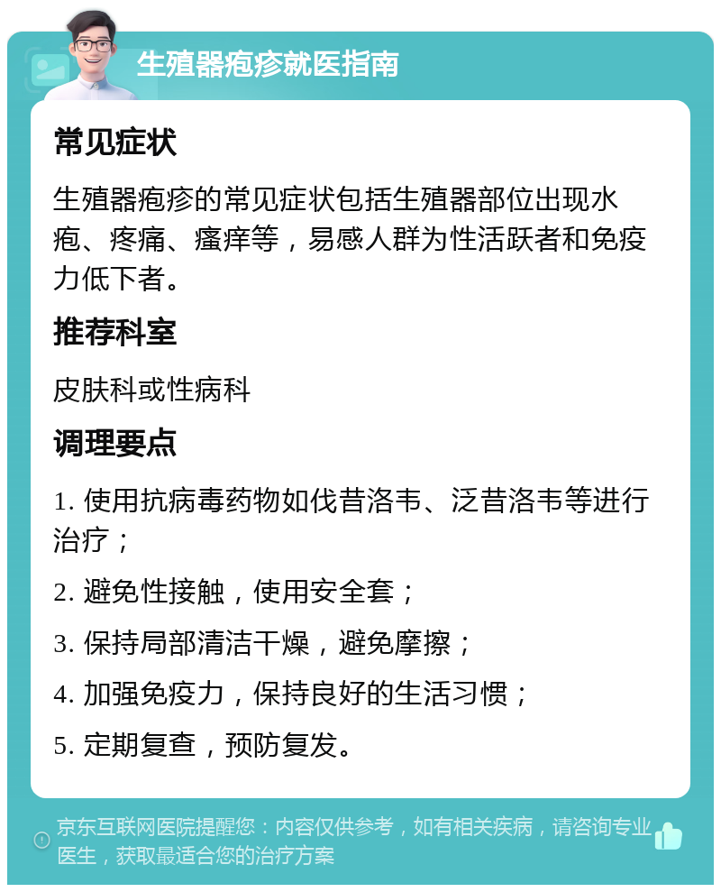 生殖器疱疹就医指南 常见症状 生殖器疱疹的常见症状包括生殖器部位出现水疱、疼痛、瘙痒等，易感人群为性活跃者和免疫力低下者。 推荐科室 皮肤科或性病科 调理要点 1. 使用抗病毒药物如伐昔洛韦、泛昔洛韦等进行治疗； 2. 避免性接触，使用安全套； 3. 保持局部清洁干燥，避免摩擦； 4. 加强免疫力，保持良好的生活习惯； 5. 定期复查，预防复发。