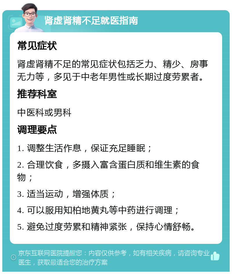 肾虚肾精不足就医指南 常见症状 肾虚肾精不足的常见症状包括乏力、精少、房事无力等，多见于中老年男性或长期过度劳累者。 推荐科室 中医科或男科 调理要点 1. 调整生活作息，保证充足睡眠； 2. 合理饮食，多摄入富含蛋白质和维生素的食物； 3. 适当运动，增强体质； 4. 可以服用知柏地黄丸等中药进行调理； 5. 避免过度劳累和精神紧张，保持心情舒畅。