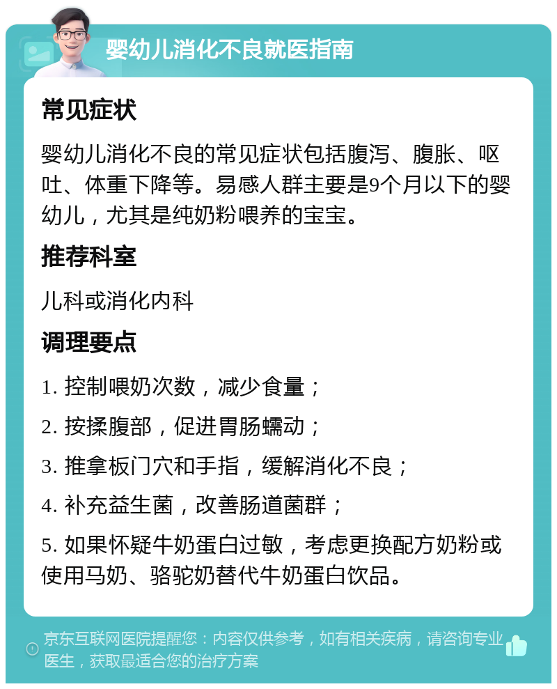 婴幼儿消化不良就医指南 常见症状 婴幼儿消化不良的常见症状包括腹泻、腹胀、呕吐、体重下降等。易感人群主要是9个月以下的婴幼儿，尤其是纯奶粉喂养的宝宝。 推荐科室 儿科或消化内科 调理要点 1. 控制喂奶次数，减少食量； 2. 按揉腹部，促进胃肠蠕动； 3. 推拿板门穴和手指，缓解消化不良； 4. 补充益生菌，改善肠道菌群； 5. 如果怀疑牛奶蛋白过敏，考虑更换配方奶粉或使用马奶、骆驼奶替代牛奶蛋白饮品。