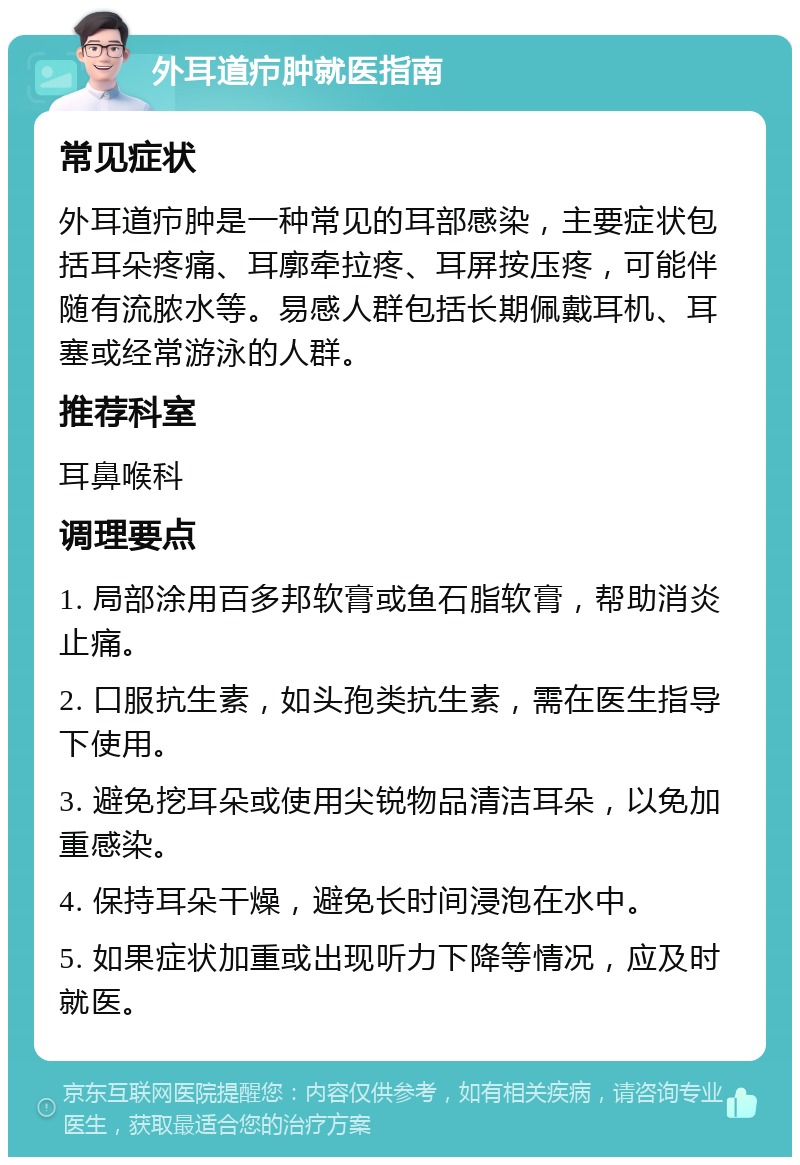 外耳道疖肿就医指南 常见症状 外耳道疖肿是一种常见的耳部感染，主要症状包括耳朵疼痛、耳廓牵拉疼、耳屏按压疼，可能伴随有流脓水等。易感人群包括长期佩戴耳机、耳塞或经常游泳的人群。 推荐科室 耳鼻喉科 调理要点 1. 局部涂用百多邦软膏或鱼石脂软膏，帮助消炎止痛。 2. 口服抗生素，如头孢类抗生素，需在医生指导下使用。 3. 避免挖耳朵或使用尖锐物品清洁耳朵，以免加重感染。 4. 保持耳朵干燥，避免长时间浸泡在水中。 5. 如果症状加重或出现听力下降等情况，应及时就医。