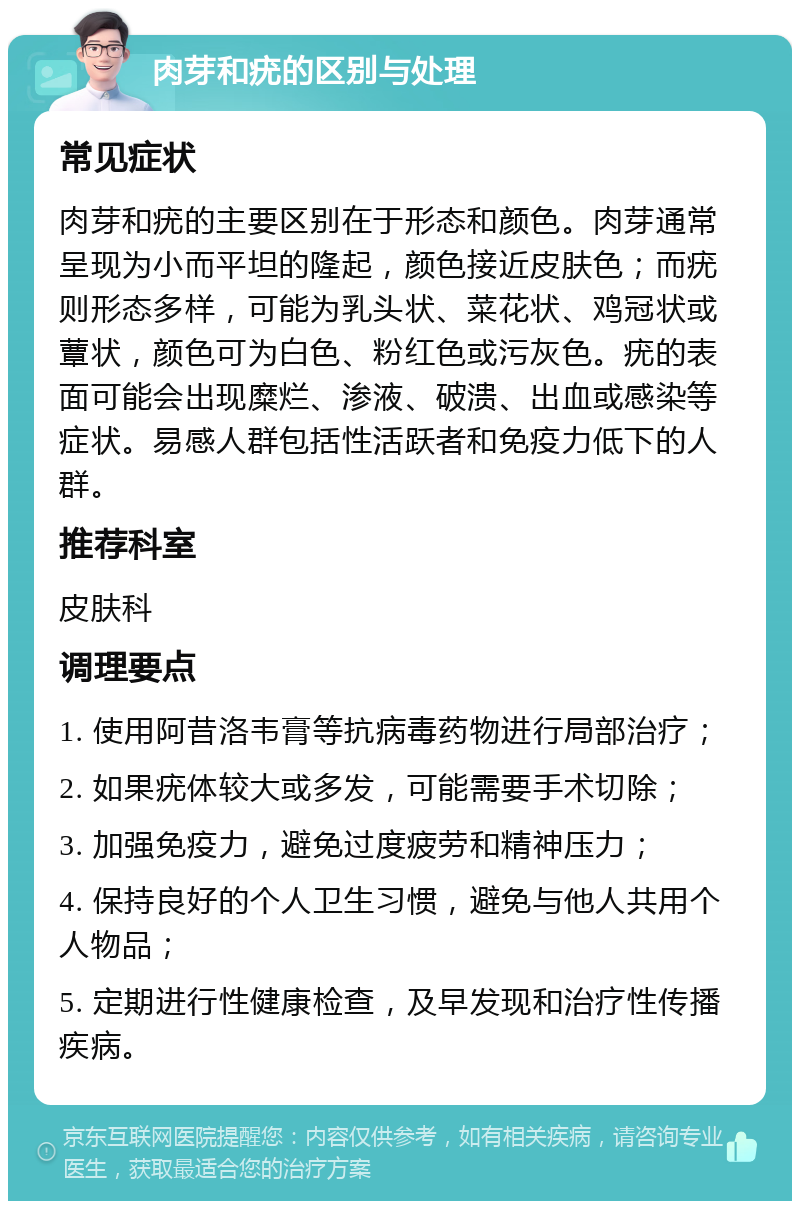 肉芽和疣的区别与处理 常见症状 肉芽和疣的主要区别在于形态和颜色。肉芽通常呈现为小而平坦的隆起，颜色接近皮肤色；而疣则形态多样，可能为乳头状、菜花状、鸡冠状或蕈状，颜色可为白色、粉红色或污灰色。疣的表面可能会出现糜烂、渗液、破溃、出血或感染等症状。易感人群包括性活跃者和免疫力低下的人群。 推荐科室 皮肤科 调理要点 1. 使用阿昔洛韦膏等抗病毒药物进行局部治疗； 2. 如果疣体较大或多发，可能需要手术切除； 3. 加强免疫力，避免过度疲劳和精神压力； 4. 保持良好的个人卫生习惯，避免与他人共用个人物品； 5. 定期进行性健康检查，及早发现和治疗性传播疾病。