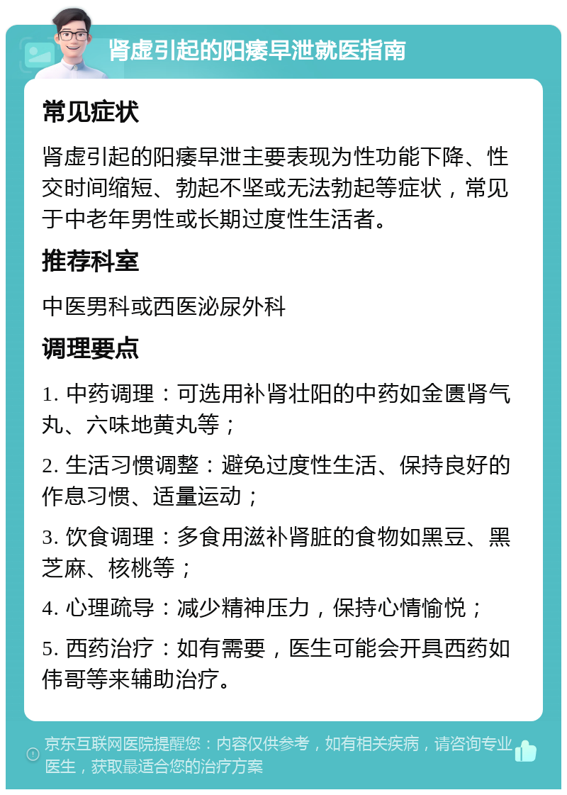 肾虚引起的阳痿早泄就医指南 常见症状 肾虚引起的阳痿早泄主要表现为性功能下降、性交时间缩短、勃起不坚或无法勃起等症状，常见于中老年男性或长期过度性生活者。 推荐科室 中医男科或西医泌尿外科 调理要点 1. 中药调理：可选用补肾壮阳的中药如金匮肾气丸、六味地黄丸等； 2. 生活习惯调整：避免过度性生活、保持良好的作息习惯、适量运动； 3. 饮食调理：多食用滋补肾脏的食物如黑豆、黑芝麻、核桃等； 4. 心理疏导：减少精神压力，保持心情愉悦； 5. 西药治疗：如有需要，医生可能会开具西药如伟哥等来辅助治疗。