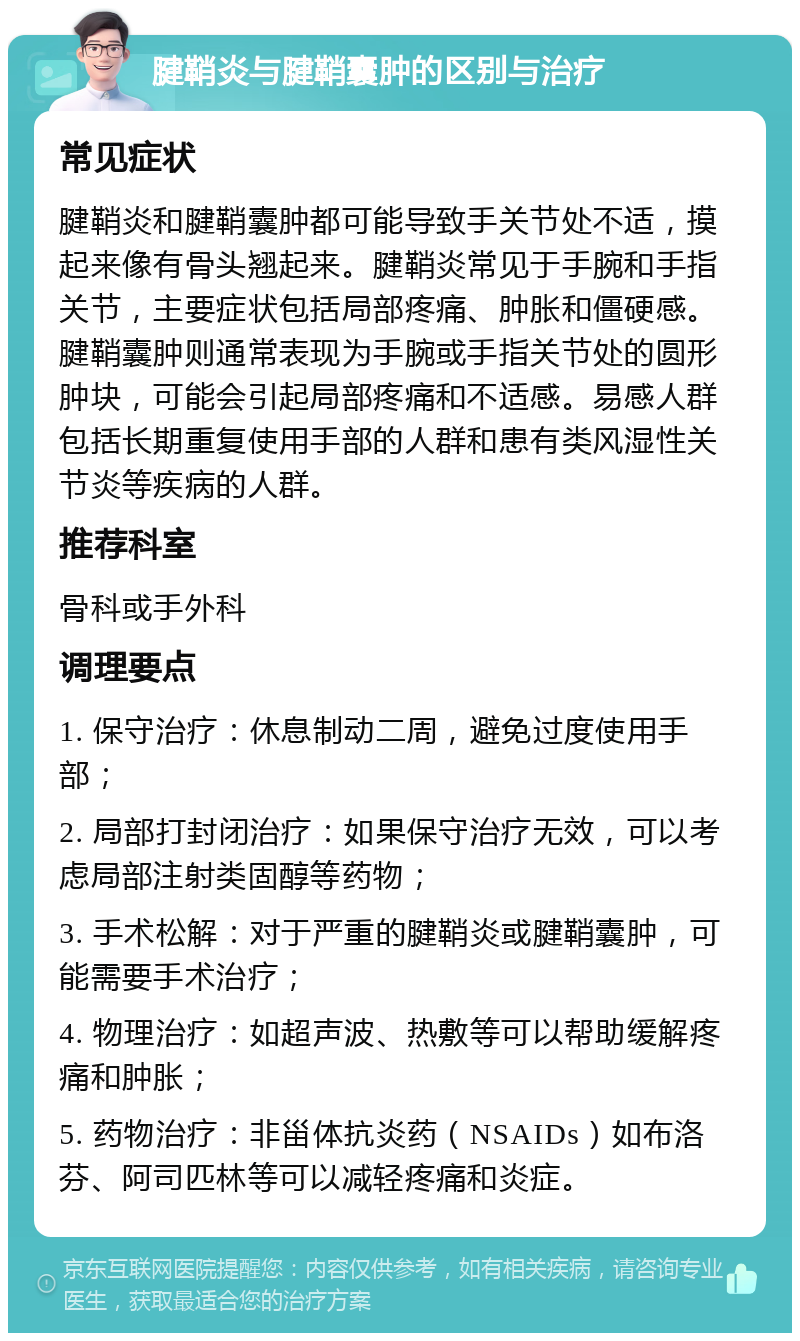 腱鞘炎与腱鞘囊肿的区别与治疗 常见症状 腱鞘炎和腱鞘囊肿都可能导致手关节处不适，摸起来像有骨头翘起来。腱鞘炎常见于手腕和手指关节，主要症状包括局部疼痛、肿胀和僵硬感。腱鞘囊肿则通常表现为手腕或手指关节处的圆形肿块，可能会引起局部疼痛和不适感。易感人群包括长期重复使用手部的人群和患有类风湿性关节炎等疾病的人群。 推荐科室 骨科或手外科 调理要点 1. 保守治疗：休息制动二周，避免过度使用手部； 2. 局部打封闭治疗：如果保守治疗无效，可以考虑局部注射类固醇等药物； 3. 手术松解：对于严重的腱鞘炎或腱鞘囊肿，可能需要手术治疗； 4. 物理治疗：如超声波、热敷等可以帮助缓解疼痛和肿胀； 5. 药物治疗：非甾体抗炎药（NSAIDs）如布洛芬、阿司匹林等可以减轻疼痛和炎症。